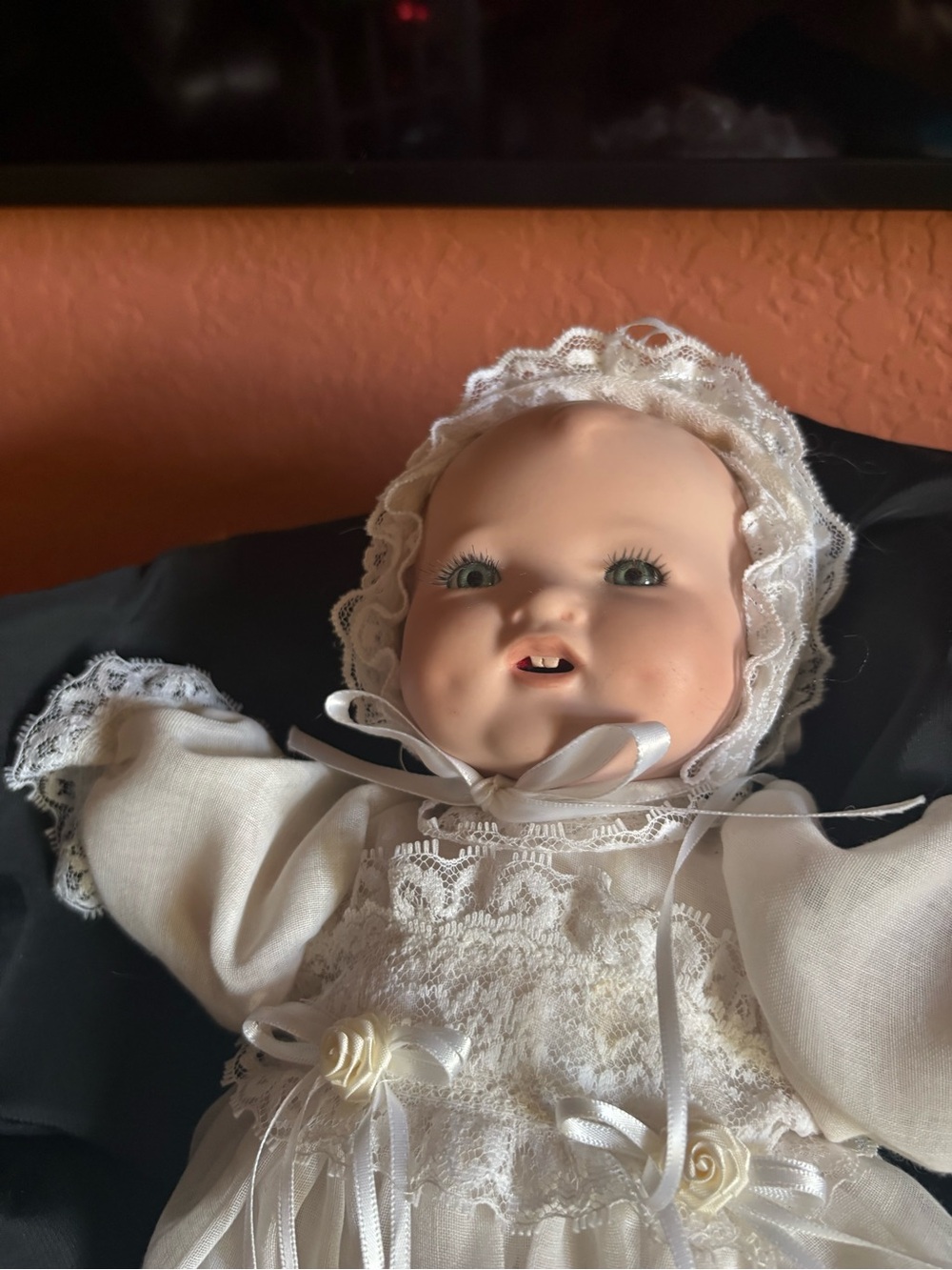 Vintage-Style Porcelain Baby Doll in White Lace Gown